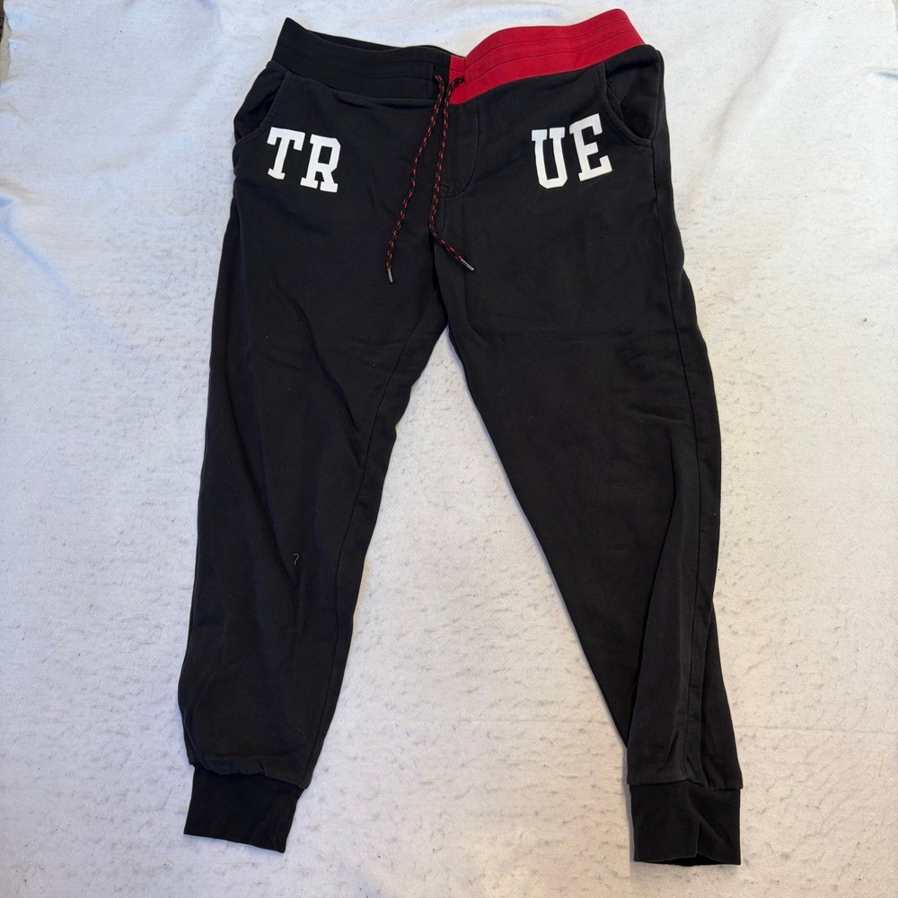 True Religion Split Act Jogger Mens 2XL Black Red Graphic Colorblock Sweatpants